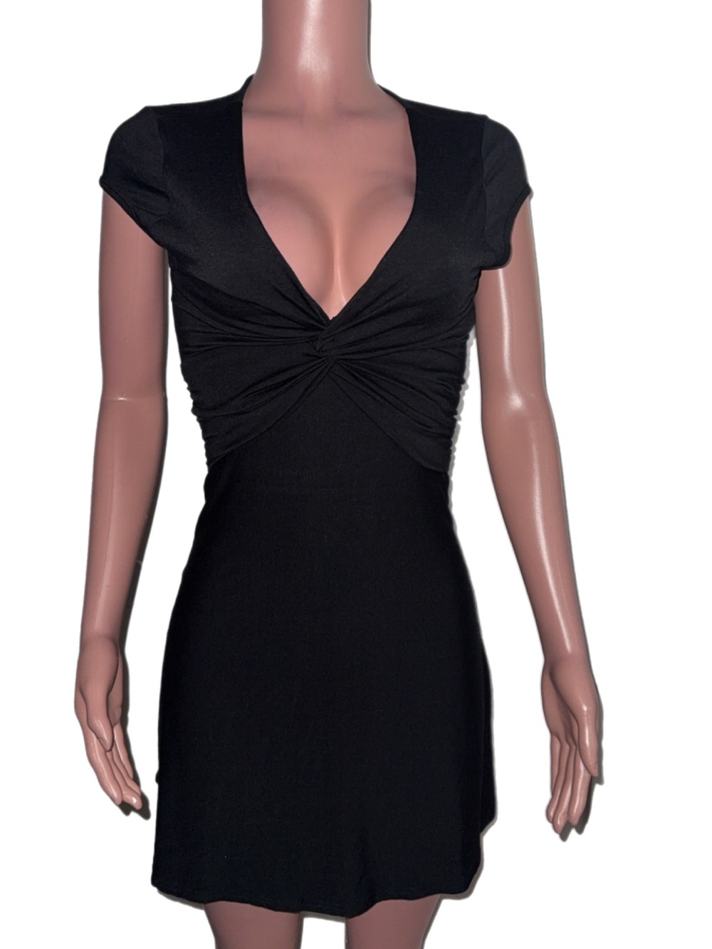V2K black Open Back Twist Bust Ruched fit N flare Stretch Mini Cleavage Dress